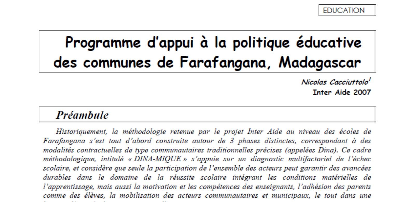 Appui à la politique éducative zone rurale Madagascar (Farafangana)